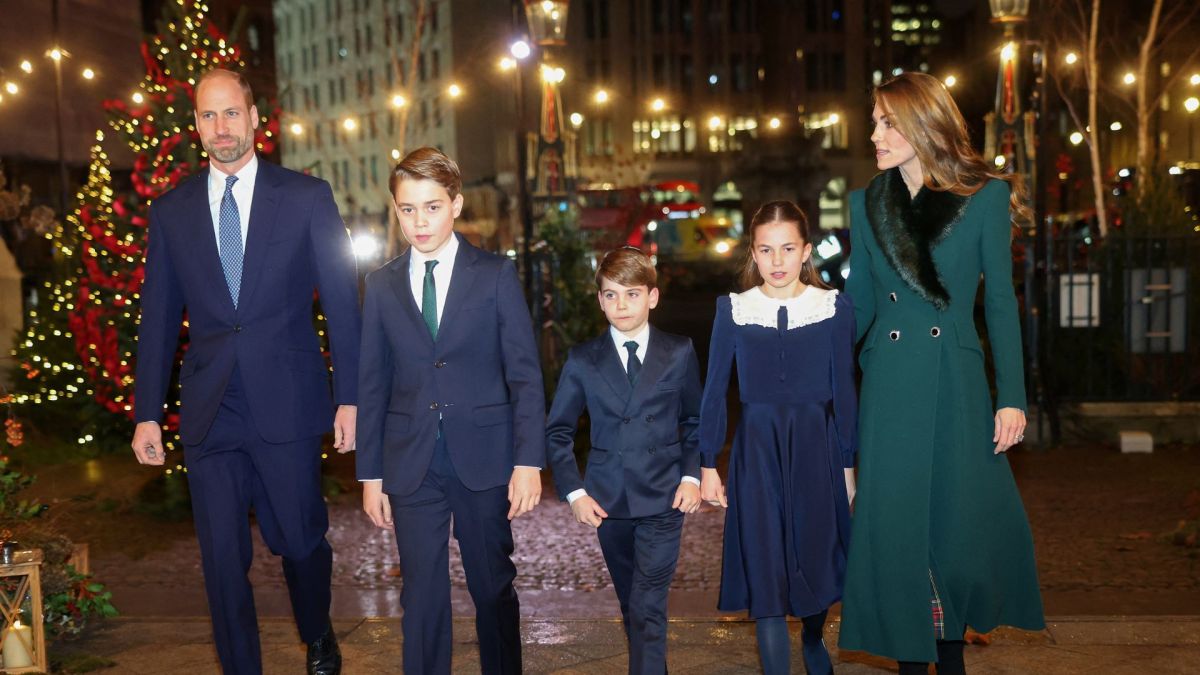 Britain's Prince William, Prince of Wales, Britain's Prince George of Wales, Britain's Prince Louis of Wales, Britain's Princess Charlotte of Wales and Britain's Catherine, Princess of Wales arrive to attend the fifth annual "Together At Christmas" Carol Service" at Westminster Abbey in London on December 5, 2025