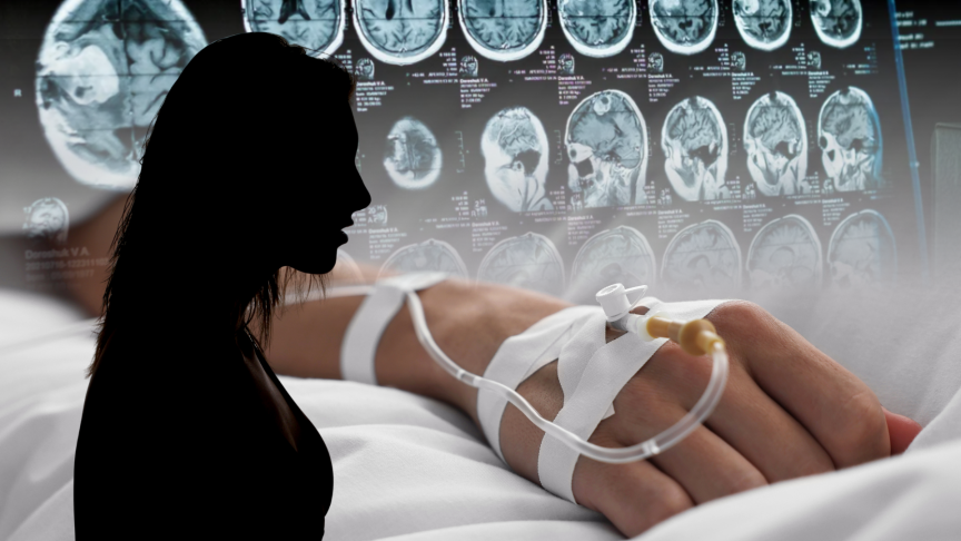 woman, brain scans and hand with IV