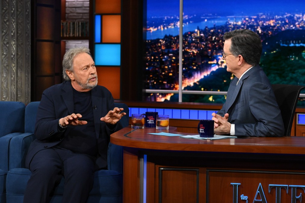 The Late Show with Stephen Colbert and guest Billy Crystal during Tuesday’s April 14, 2026 show.