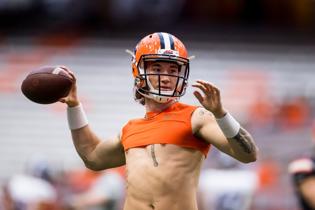 Rex Culpepper #17 of the Syracuse Orange warms up before the game against the Holy Cross Crusaders at the Carrier Dome on September 28, 2019 