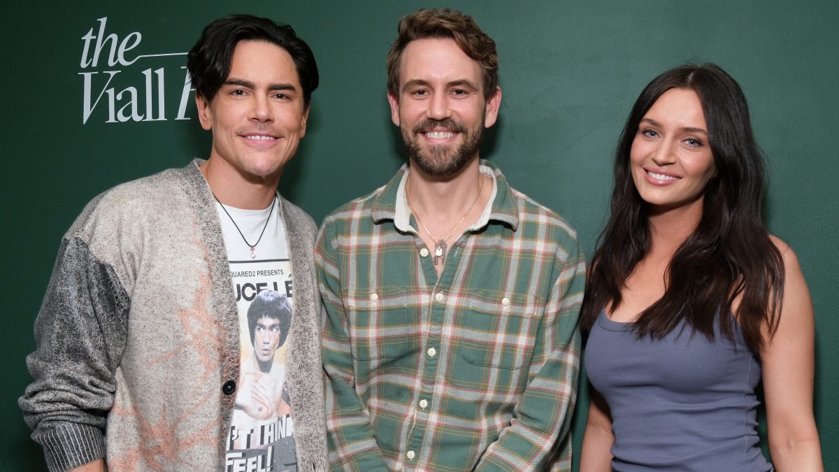 Tom Sandoval, Nick Viall and Victoria Lee Robinson pose at “The Viall Files” podcast taping in California