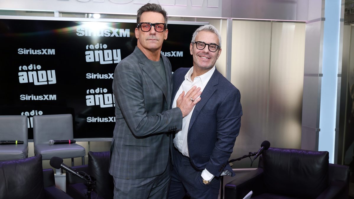 Jon Hamm and Andy Cohen pose together at SiriusXM Studios in New York City
