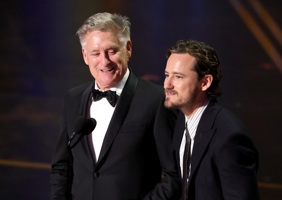 (L-R) Bill Pullman ("Spaceballs") and Lewis Pullman ("Spaceballs 2")  speak onstage during the 98th Oscars at Dolby Theatre on March 15, 2026.