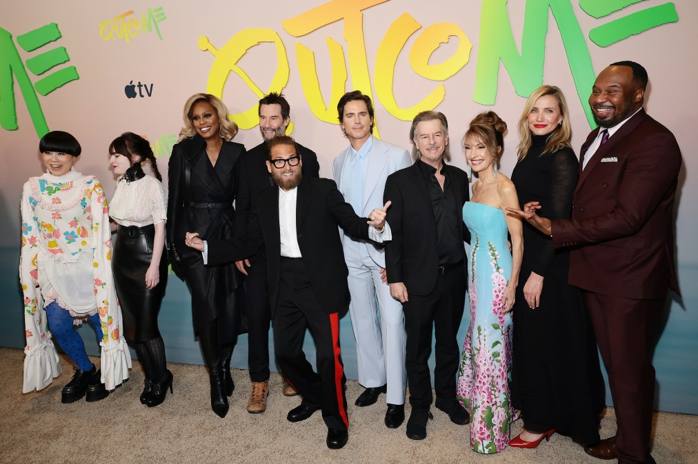 Atsuko Okatsuka, Ivy Wolk, Laverne Cox, Keanu Reeves, Jonah Hill, Matt Bomer, David Spade, Susan Lucci, Cameron Diaz and Roy Wood Jr. attend the world premiere of Apple's "Outcome."