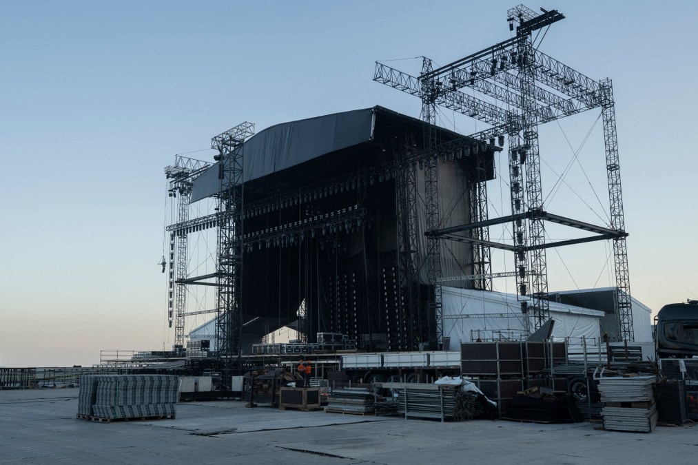 A general view of the stage after the death of a worker in an accident that occurred during its setup for Colombian singer Shakira at Copacabana Beach in Rio de Janeiro, Brazil, on April 26, 2026