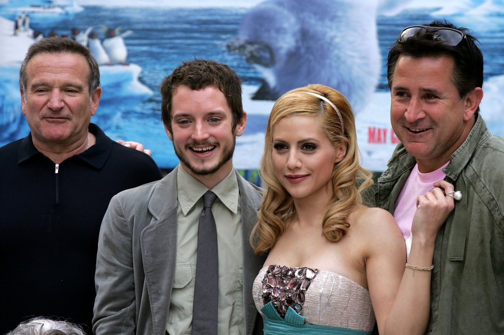 "Happy Feet" voice actors Robin Williams, Elijah Wood, Brittany Murphy, and Anthony LaPaglia at the movie's premiere in 2006.