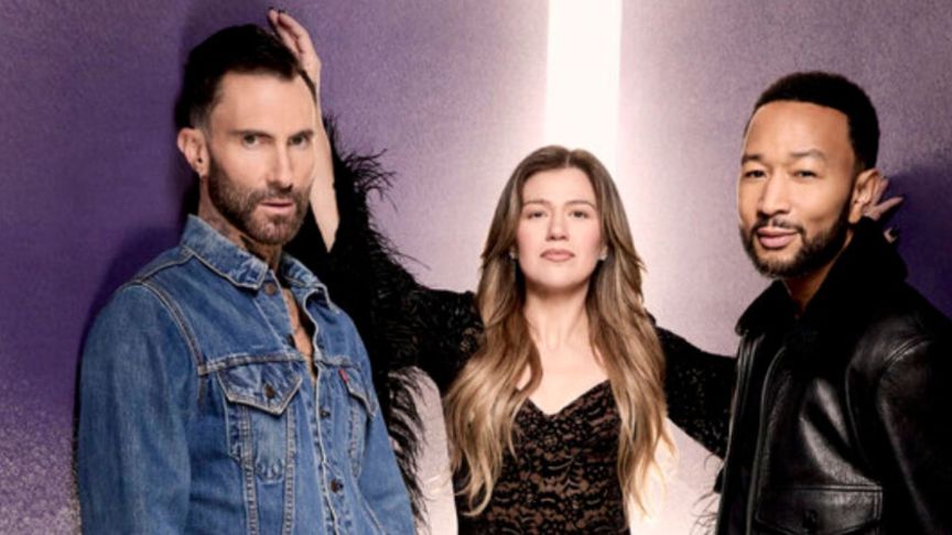 The Voice season 29 coaches, Adam Levine, Kelly Clarkson, and John Legend