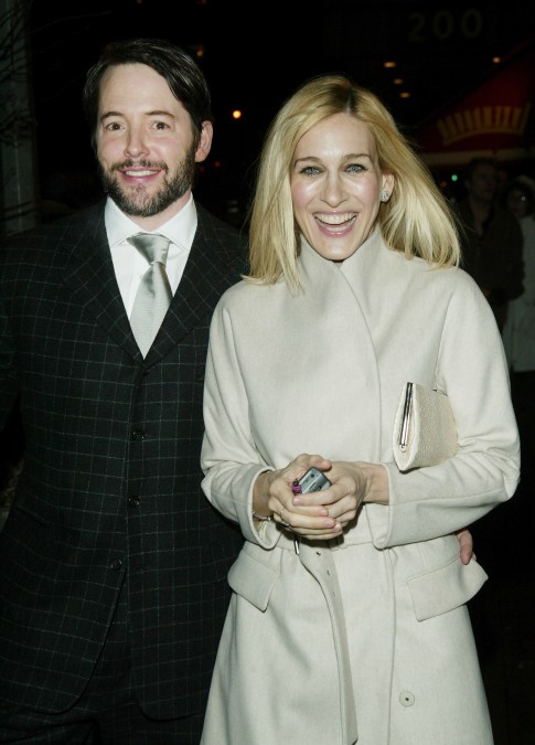 Actor Matthew Broderick and wife Sarah Jessica Parker arrive at the after-party for the New York premiere "The Music Man" at Compass Restaurant February 10, 2003 in New York City. 