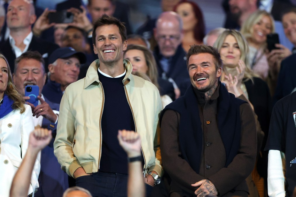Tom Brady, Minority Owner of Birmingham City (L) with David Beckham to the Sky Bet League One match between Birmingham City FC and Wrexham AFC 