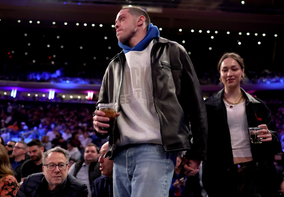 Comedian Pete Davidson and model Elsie Hewitt attend the game between the New York Knicks and the Phoenix Suns at Madison Square Garden on April 06, 2025 