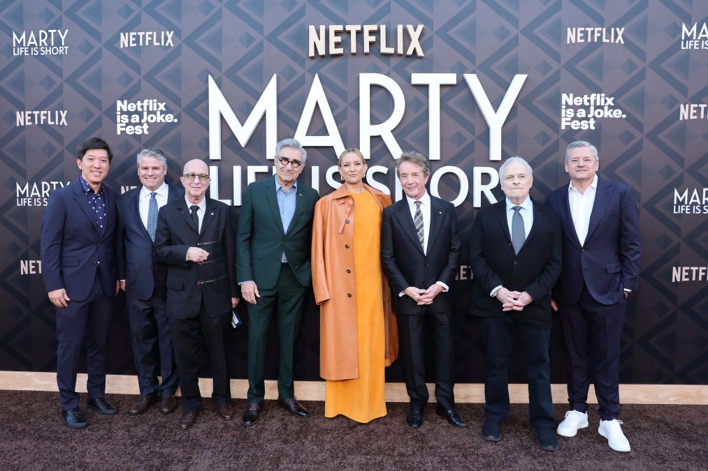 Dan Lin, Adam Del Deo, Paul Shaffer, Eugene Levy, Kate Hudson, Martin Short, Lawrence Kasdan, and Ted Sarandos, CEO, Netflix