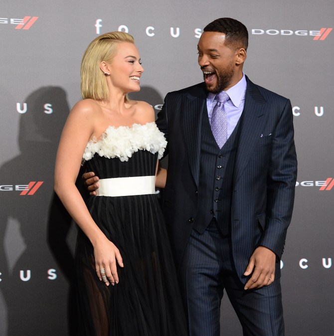 Margot Robbie and Will Smith at the "Focus" premiere in 2015.