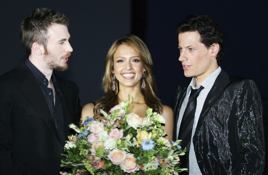 Jessica Alba with Chris Evans and Ioan Gruffudd at the "Fantastic Four" premiere in 2005.