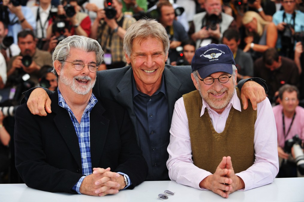 Director/producer George Lucas, actor Harrison Ford and Director Steven Spielberg pose at the Indiana Jones and The Kingdom of The Crystal Skull - photocall at the Palais des Festivals during the 61st International Cannes Film Festival on May 18 , 2008 in Cannes, France.