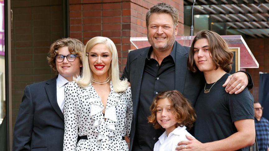 Zuma Rossdale, Gwen Stefani, Blake Shelton, Apollo Rossdale, and Kingston Rossdale attend Blake Shelton's Star Ceremony on The Hollywood Walk Of Fame on May 12, 2023 in Hollywood, California