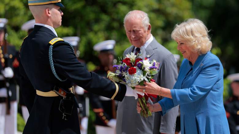 King Charles III and Queen Camilla present a bouquet of flowers at the Tomb of the Unknown Soldier during a ceremony at Arlington National Cemetery on the final day of the state visit of King Charles III and Queen Camilla on April 30, 2026 in Arlington, Virginia. King Charles III and Queen Camilla visited the nation's capital, New York City, and Virginia during the trip arranged to celebrate the United States of America's 250th anniversary of its independence
