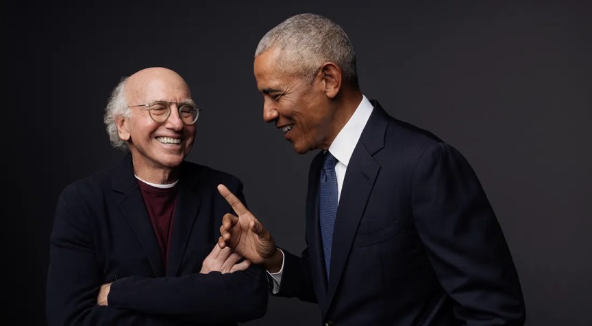 Larry David smiling beside Barack Obama in promotional image for HBO comedy series