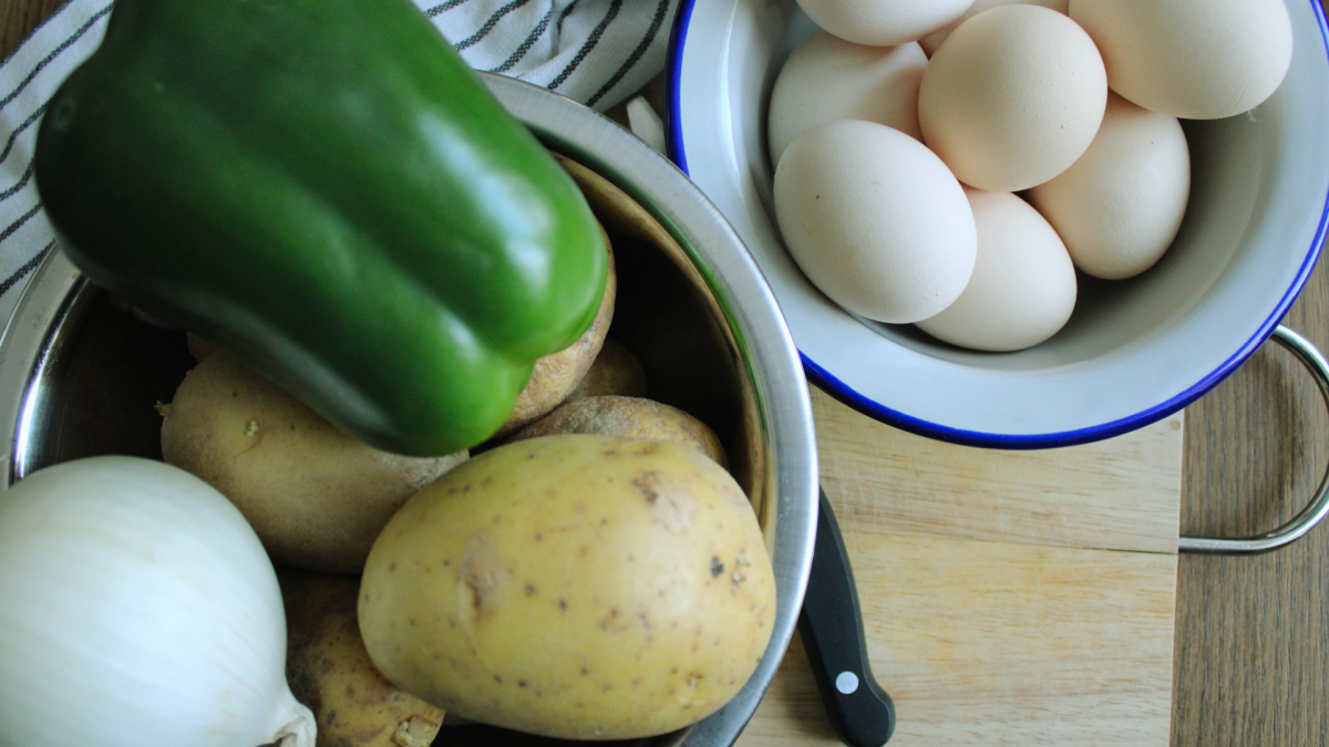 onion, green pepper, potatoes, eggs