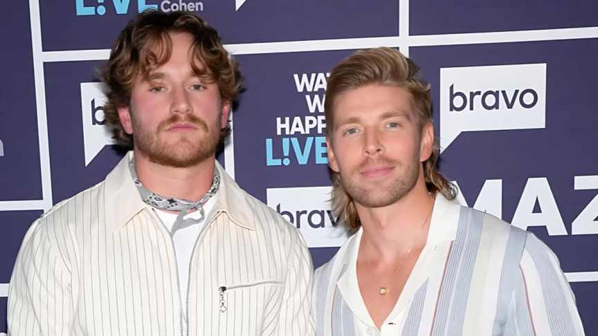 "Summer House" stars West Wilson and Kyle Cooke pose at the "Watch What Happens Live" clubhouse.