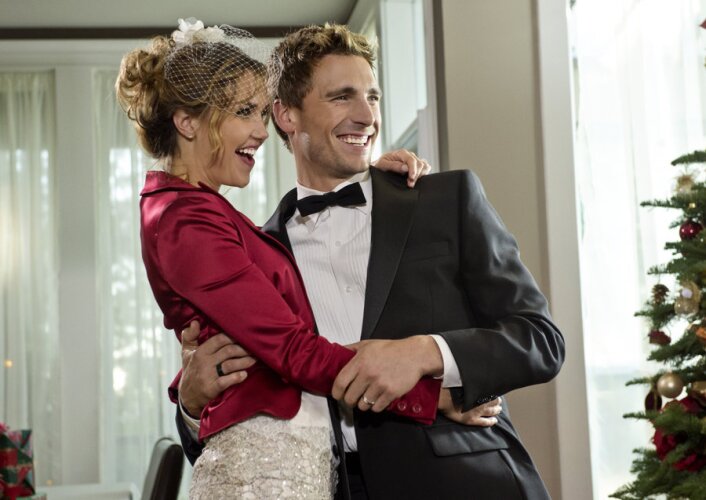 Arielle Kebbel and Andrew Walker in Hallmark's "A Bride for Christmas"