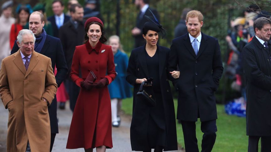Prince Charles, Prince of Wales, Prince William, Duke of Cambridge, Catherine, Duchess of Cambridge, Meghan, Duchess of Sussex and Prince Harry, Duke of Sussex arrive to attend Christmas Day Church service at Church of St Mary Magdalene on the Sandringham estate on December 25, 2018