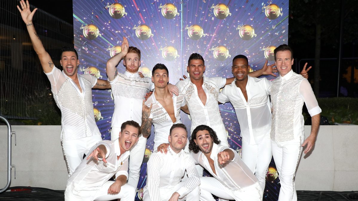 Giovanni Pernice, Neil Jones, Gorka Marquez, Aljaž Skorjanec, Johannes Radebe and Anton Du Beke (L-R front row) AJ Pritchard, Kevin Clifton and Graziano Di Prima attend the "Strictly Come Dancing" launch show red carpet at Television Centre on August 26, 2019 in London, England.