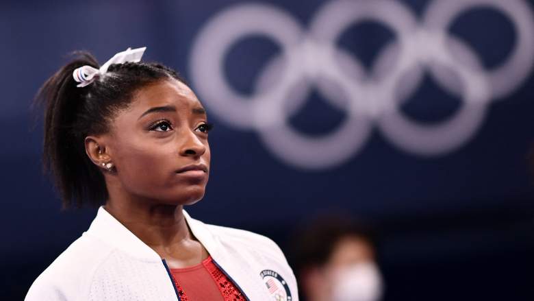 USA's Simone Biles looks on during the artistic gymnastics women's team final during the Tokyo 2020 Olympic Games at the Ariake Gymnastics Centre in Tokyo on July 27, 2021.