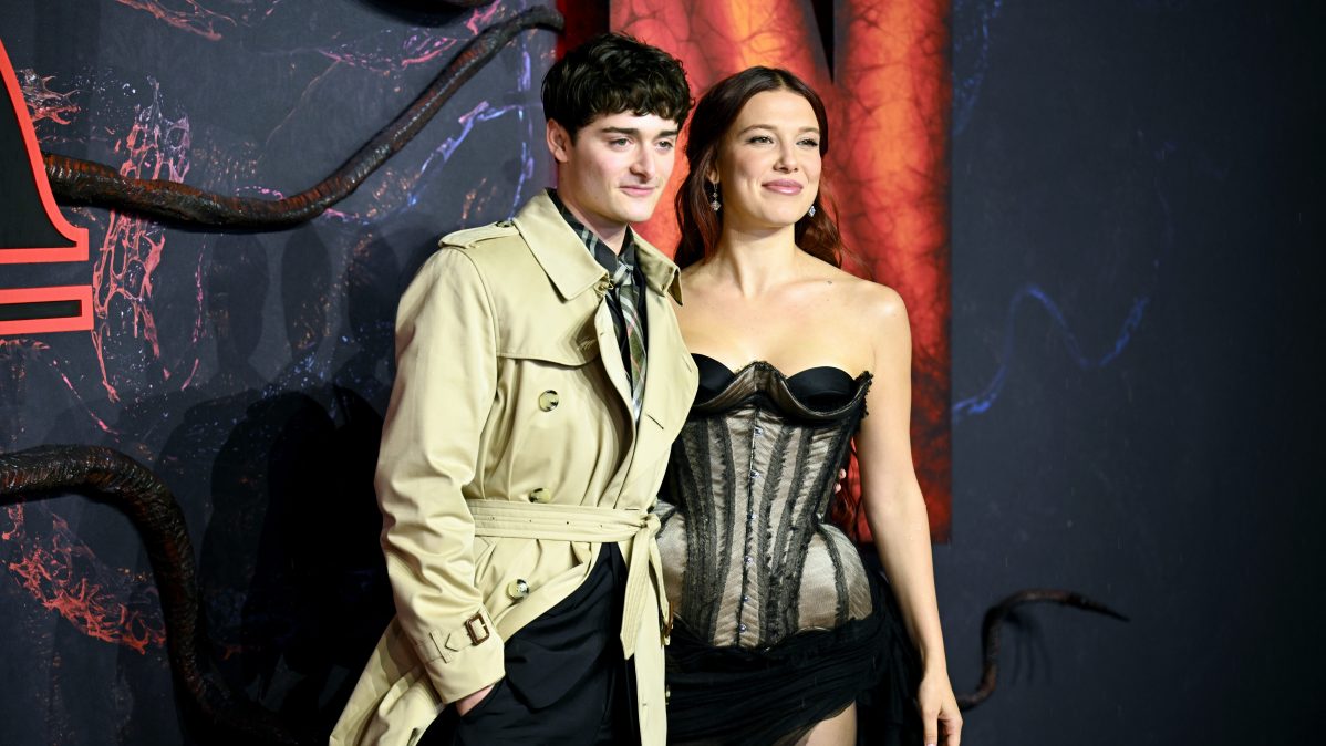 Noah Schnapp and Millie Bobby Brown attend the "Stranger Things 5" UK Special Screening at Odeon Luxe Leicester Square on November 13, 2025 in London, England.