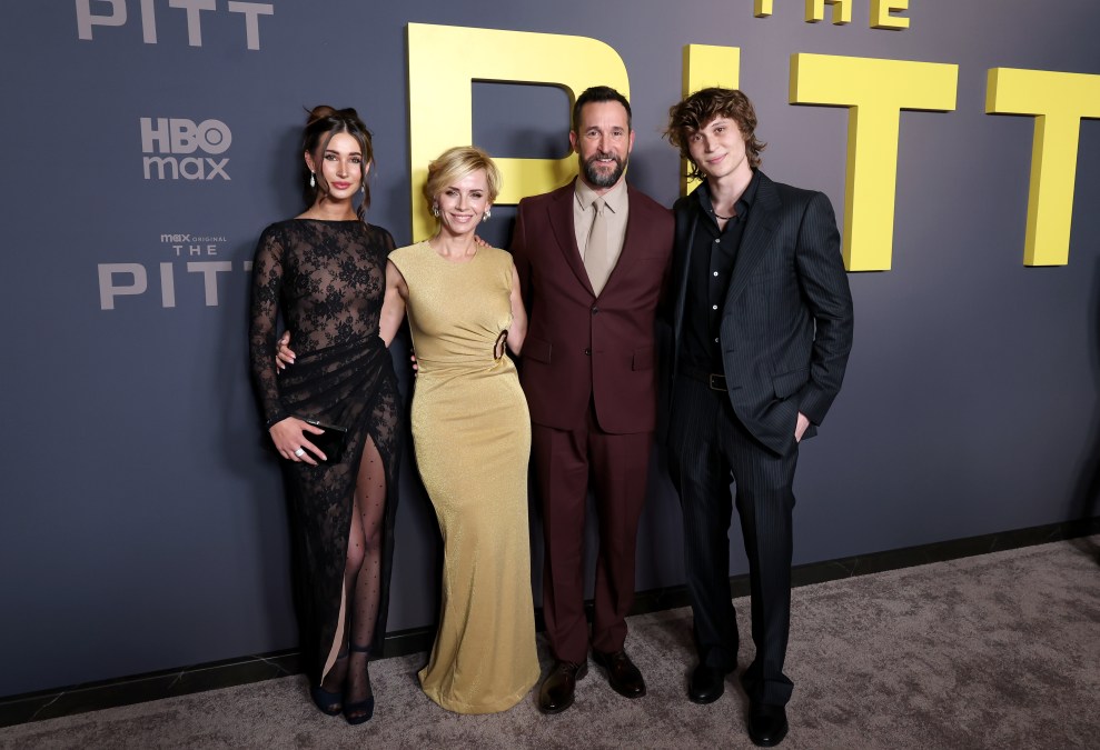 Auden Wyle, Sara Wyle, Noah Wyle, and Owen Strausser Wyle attend an event for The Pitt