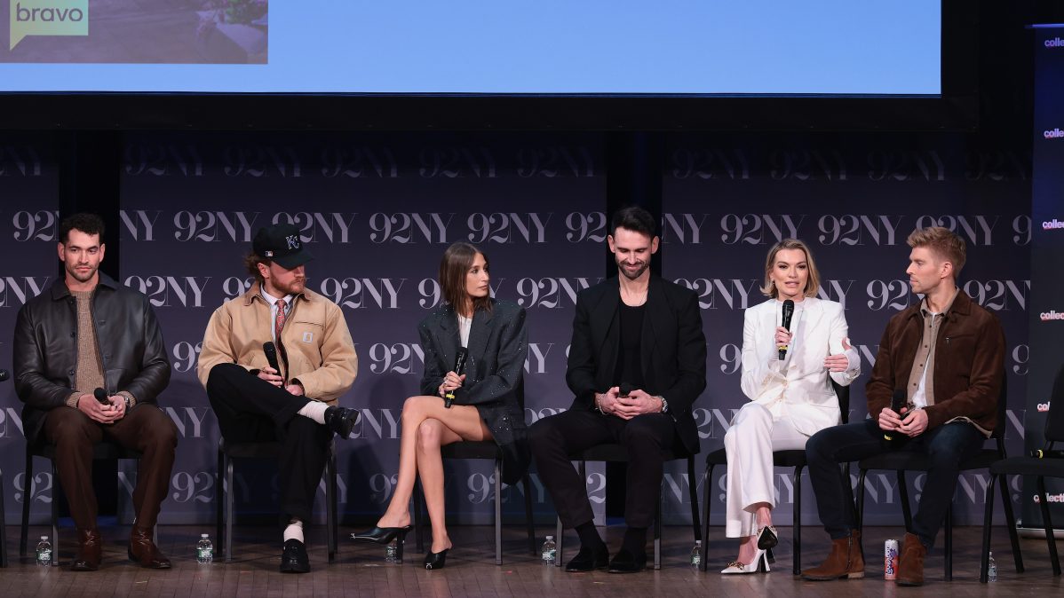 Kyle Cooke, Amanda Batula, West Wilson, Carl Radke, Lindsay Hubbard, and Jesse Solomon appear onstage during a Summer House Season 10 event in New York City.