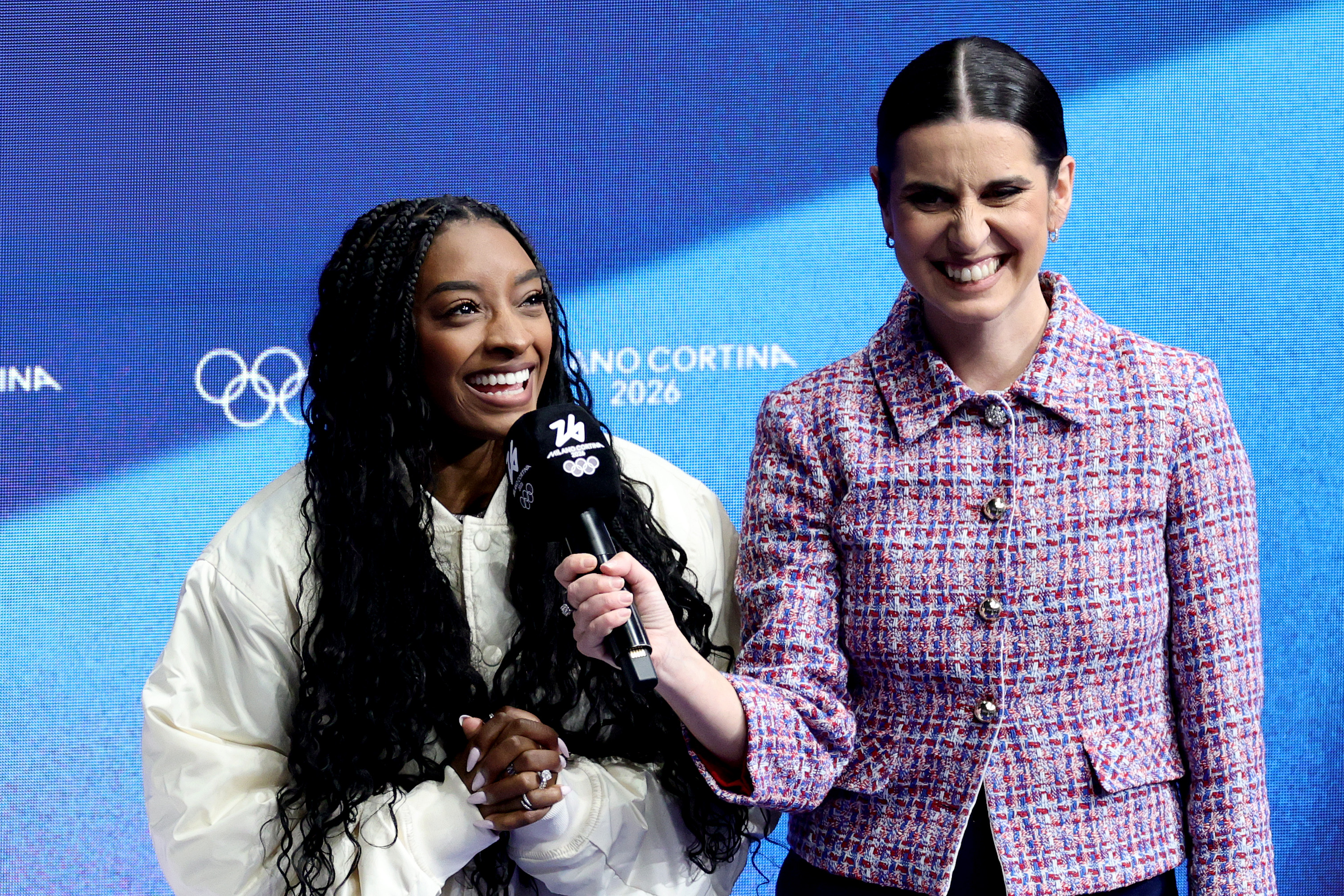 American gymnast Simone Biles in attendance at the Men Single Skating on day seven of the Milano Cortina 2026 Winter Olympic games at Milano Ice Skating Arena on February 13, 2026 in Milan, Italy.