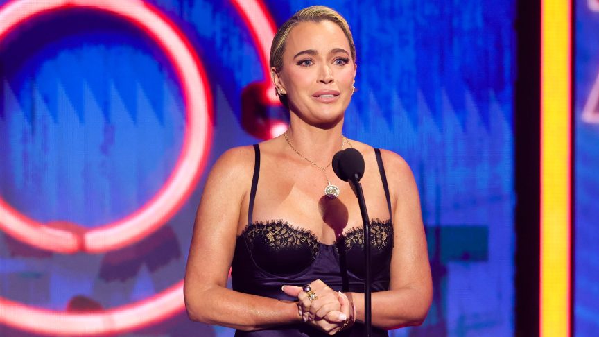 Teddi Mellencamp speaking onstage during the 2026 iHeartRadio Music Awards in Los Angeles.