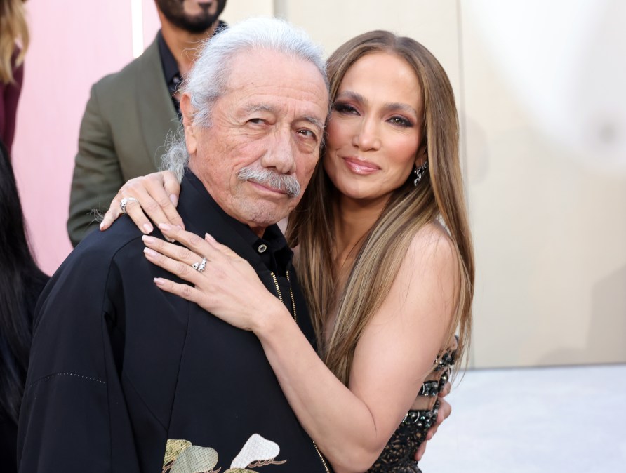 Edward James Olmos and "Office Romance" co-star Jennifer Lopez.
