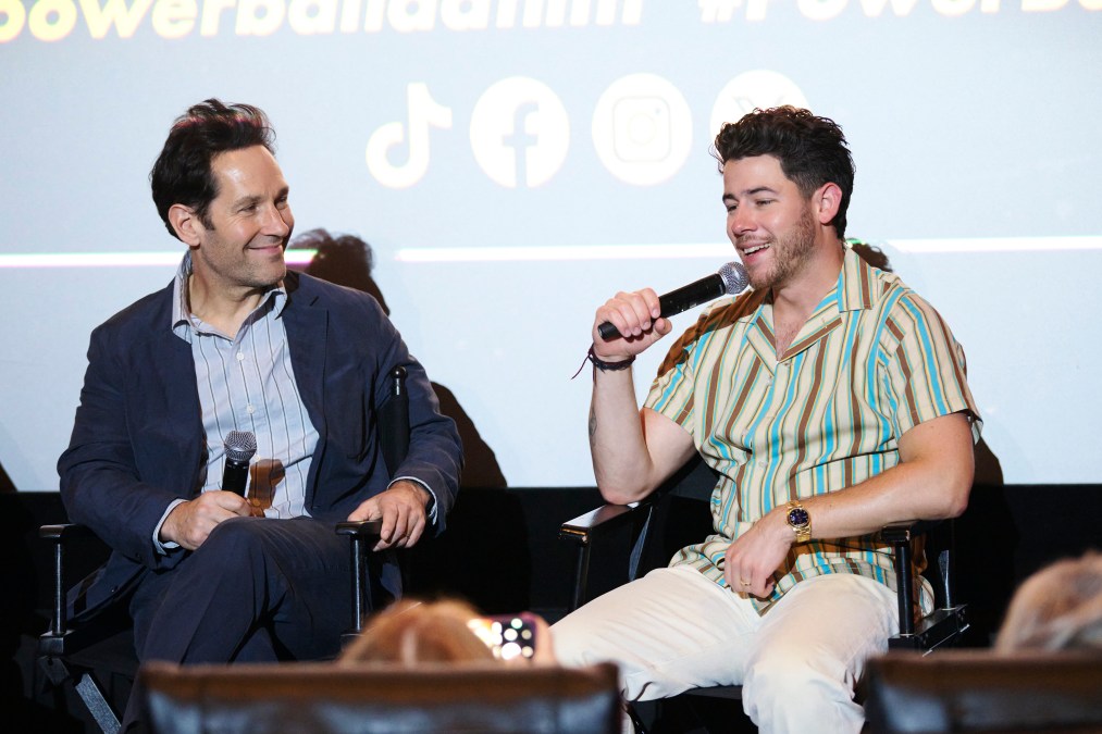 (L-R) Paul Rudd and Nick Jonas speak onstage during the "Power Ballad" All-Guild Q&A In New York at AMC Empire on June 02, 2026 in New York City.
