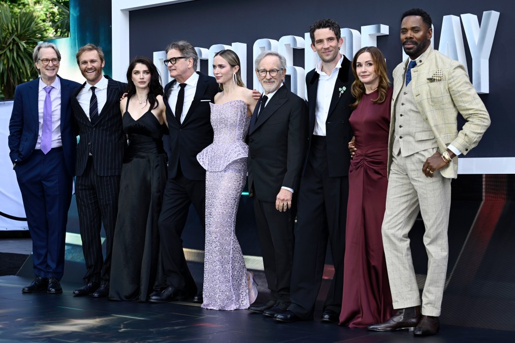 David Koepp, Wyatt Russell, Eve Hewson, Colin Firth, Emily Blunt, Steven Spielberg, Josh O'Connor, Kristie Macosko Krieger and Colman Domingo pose for press photos