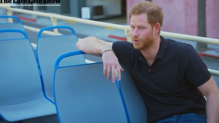 Prince Harry pictured during his 2021 appearance on "The Late Late Show"