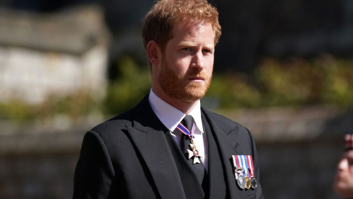 Prince Harry arrives for the funeral of Prince Philip, Duke of Edinburgh at St George's Chapel at Windsor Castle on April 17, 2021 in Windsor, England