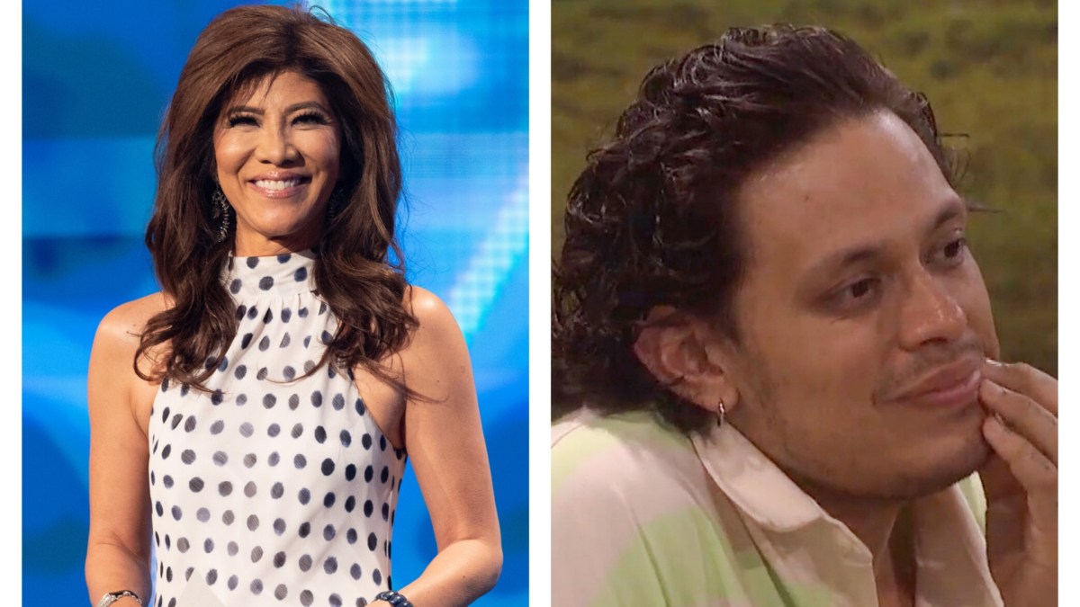 A picture of Julie Chen Moonves on the 'Big Brother 28' stage is on the left. Jason De Puy sits in the backyard on the right.