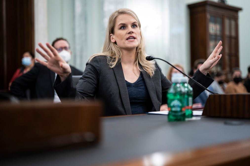 WASHINGTON, DC - OCTOBER 5: Former Facebook employee and whistleblower Frances Haugen testifies during a Senate Committee on Commerce, Science, and Transportation hearing entitled 'Protecting Kids Online: Testimony from a Facebook Whistleblower' on Capitol Hill, October 05, 2021 in Washington, DC. Haugen left Facebook in May and provided internal company documents about Facebook to journalists and others, alleging that Facebook consistently chooses profit over safety. (Photo by Jabin Botsford-Pool/Getty Images)