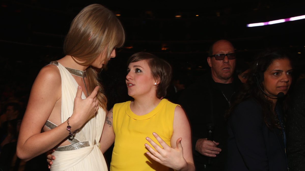 Singer Taylor Swift and actress Lena Dunham attend the 55th Annual GRAMMY Awards at STAPLES Center on February 10, 2013 in Los Angeles, California.