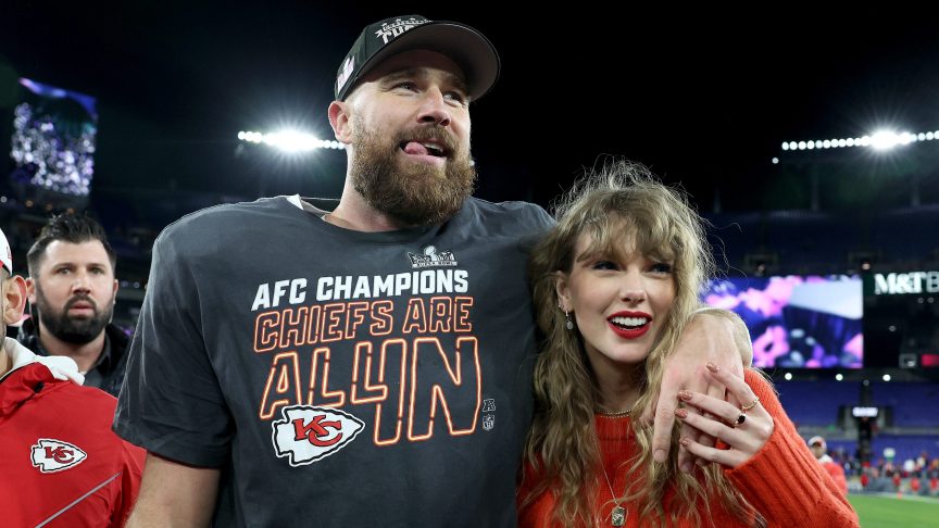 BALTIMORE, MARYLAND - JANUARY 28: Travis Kelce #87 of the Kansas City Chiefs celebrates with Taylor Swift after a 17-10 victory against the Baltimore Ravens in the AFC Championship Game at M&T Bank Stadium on January 28, 2024 in Baltimore, Maryland. (Photo by Patrick Smith/Getty Images)