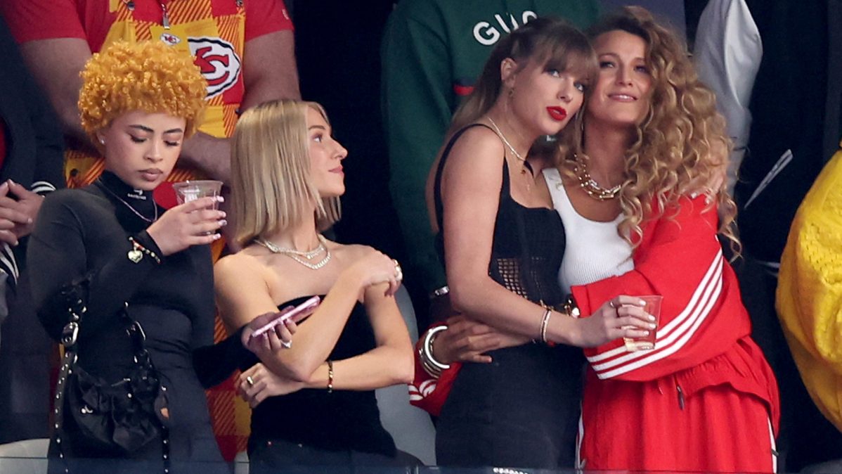 Rapper Ice Spice, singer Taylor Swift, and actress Blake Lively prior to Super Bowl LVIII between the San Francisco 49ers and Kansas City Chiefs at Allegiant Stadium on February 11, 2024, in Las Vegas, Nevada.