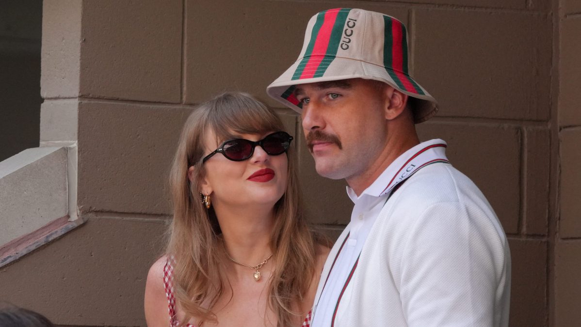 US musician Taylor Swift and US NFL football player Travis Kelce (R) attend the men's final match between Italy's Jannik Sinner and USA's Taylor Fritz on day fourteen of the US Open tennis tournament at the USTA Billie Jean King National Tennis Center in New York City.