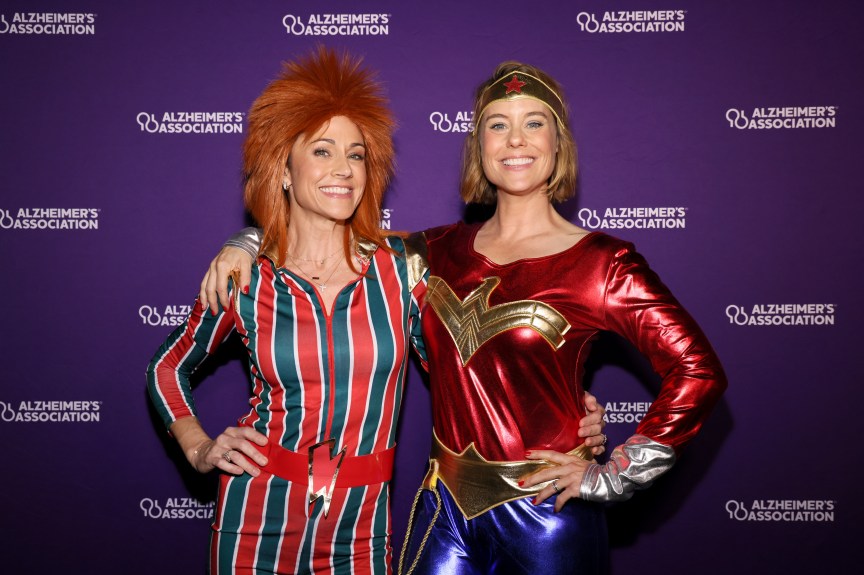 Nikki DeLoach and Ashley Williams show off their David Bowie and Wonder Woman costumes