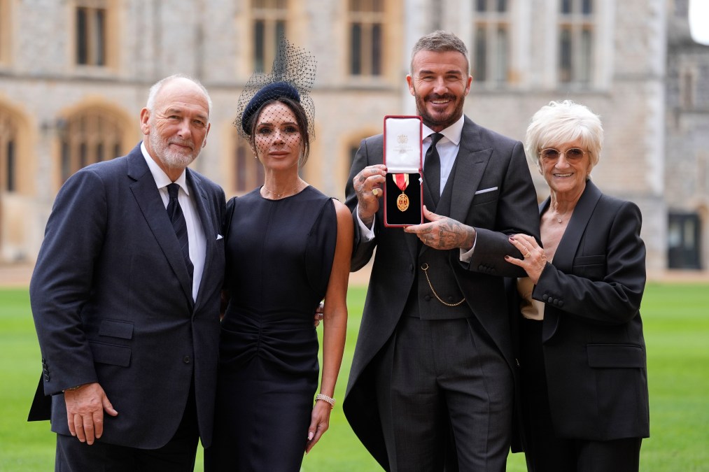 Ted Beckham, Victoria Beckham, Sir David Beckham, and Sandra Beckham.