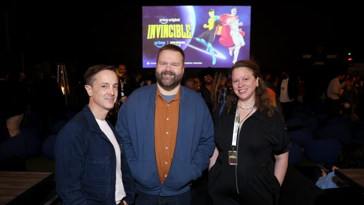 (L-R) Simon Racioppa, Robert Kirkman and Helen Leigh attend the "Invincible" S4 Special Screening