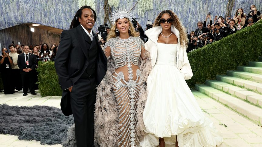 Jay-Z, Beyoncé and Blue Ivy pose together at the 2026 Met Gala in New York City.