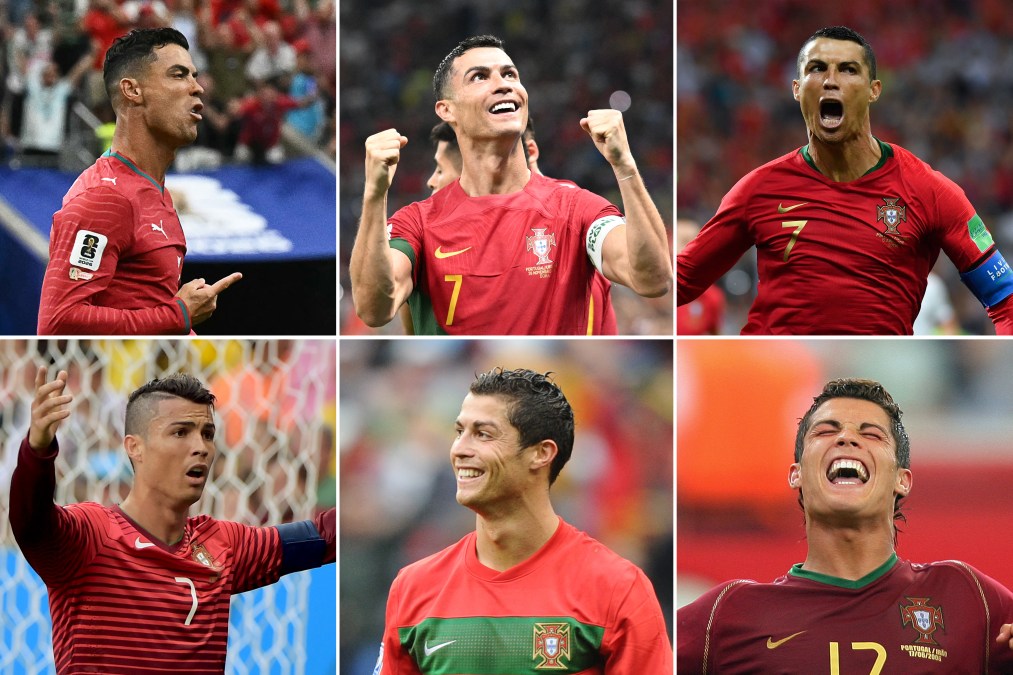 (COMBO) This combination of pictures created on June 23, 2026, shows (L to R) Portugal's forward #07 Cristiano Ronaldo celebrating after scoring during the 2026 World Cup Group K football match between Portugal and Uzbekistan