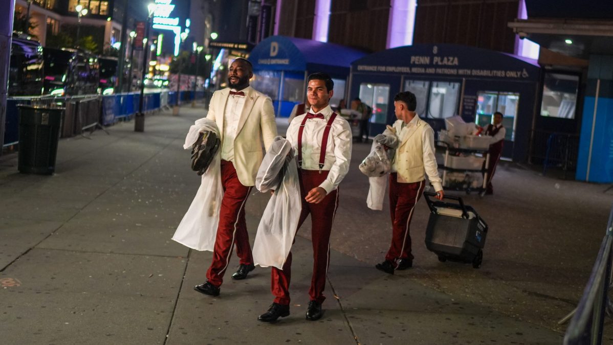 Workers are seen leaving Madison Square Garden after a reported rehearsal dinner ahead of singer Taylor Swift's wedding to Kansas City Chiefs player Travis Kelce.