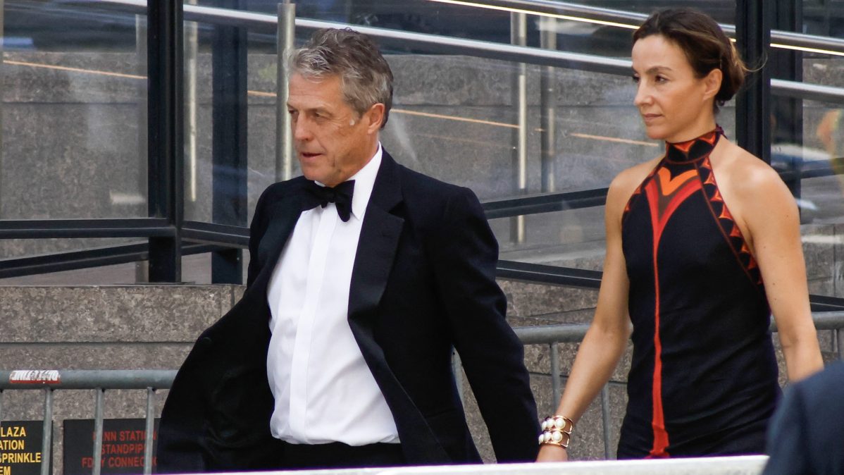 British actor Hugh Grant and Swedish producer Anna Elisabet Eberstein arrive at Madison Square Garden, the venue for the wedding celebrations of pop singer Taylor Swift and pro-athlete Travis Kelce, in New York City.